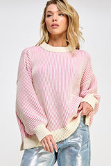 Pink Ribbed Balloon Sleeve Sweater