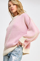 Pink Ribbed Balloon Sleeve Sweater