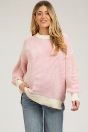 Pink Ribbed Balloon Sleeve Maternity Sweater