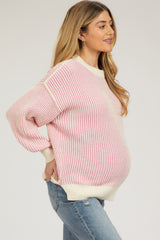 Pink Ribbed Balloon Sleeve Maternity Sweater