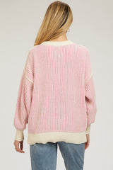 Pink Ribbed Balloon Sleeve Maternity Sweater