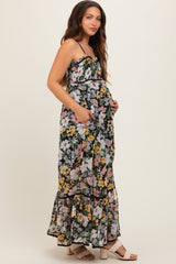 Black Floral Smocked Button Accent Maternity Maxi Dress