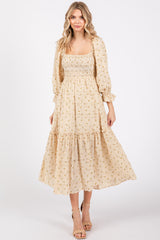 Beige Floral Square Neck Smocked Fringe Maternity Midi Dress