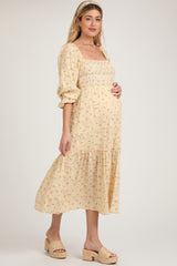 Beige Floral Square Neck Smocked Fringe Maternity Midi Dress