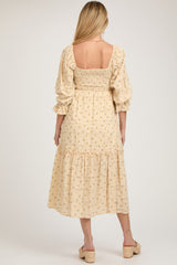 Beige Floral Square Neck Smocked Fringe Maternity Midi Dress