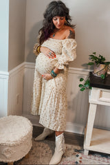 Beige Floral Square Neck Smocked Fringe Maternity Midi Dress