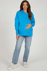 Blue Hooded Button Pullover Maternity Sweater