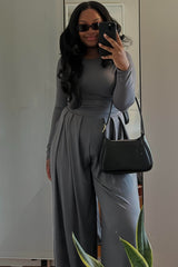 Charcoal Pleated Wide Leg Pants With Cropped Baby Tee Set