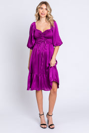 Plum Satin Smocked Ruffle Hem Dress