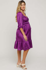 Plum Satin Smocked Ruffle Hem Maternity Dress