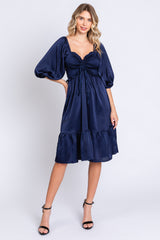 Navy Satin Smocked Ruffle Hem Dress