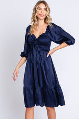 Navy Satin Smocked Ruffle Hem Dress