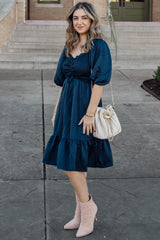 Navy Satin Smocked Ruffle Hem Dress