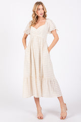 Ivory Textured Plaid Puff Short Sleeve Midi Dress