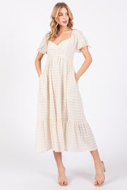 Ivory Textured Plaid Puff Short Sleeve Midi Dress