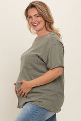 Olive Mineral Wash Front Pocket Short Sleeve Maternity Plus T-Shirt