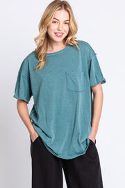 Teal Mineral Wash Front Pocket Short Sleeve T-Shirt