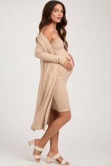 Beige Ribbed Soft Knit Dress Cardigan Maternity Set