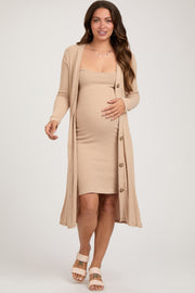 Beige Ribbed Soft Knit Dress Cardigan Maternity Set