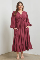 Burgundy Front Twist Maternity Plus Maxi Dress