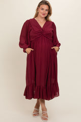 Burgundy Front Twist Maternity Plus Maxi Dress