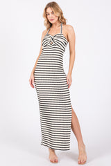 Ivory Striped Twist Front Halter Maternity Midi Dress