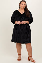 Black Velvet Floral Ruched Neck Plus Maternity Dress