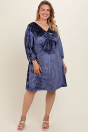 Navy Velvet Floral Ruched Neck Plus Maternity Dress