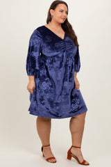 Navy Velvet Floral Ruched Neck Plus Dress