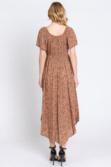 Mocha Floral Front Ruched Tie Midi Dress