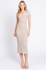 Taupe Rib Knit Short Sleeve Maternity Midi Dress