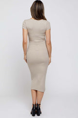 Taupe Rib Knit Short Sleeve Maternity Midi Dress