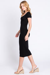 Black Rib Knit Short Sleeve Midi Dress