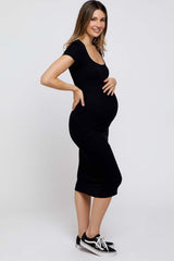 Black Rib Knit Short Sleeve Maternity Midi Dress