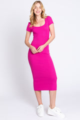 Fuchsia Rib Knit Short Sleeve Maternity Midi Dress