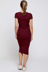 Burgundy Rib Knit Short Sleeve Maternity Midi Dress