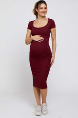 Burgundy Rib Knit Short Sleeve Maternity Midi Dress