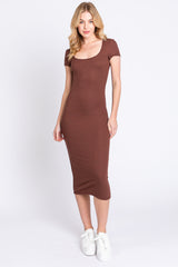 Brown Rib Knit Short Sleeve Maternity Midi Dress