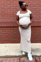 Beige Ribbed Scoop Neck Maternity Maxi Dress