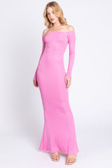 Pink Ribbed Off Shoulder Long Sleeve Maternity Maxi Dress