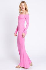 Pink Ribbed Off Shoulder Long Sleeve Maxi Dress