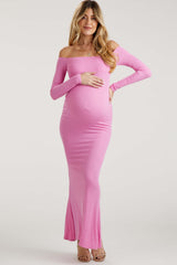 Pink Ribbed Off Shoulder Long Sleeve Maternity Maxi Dress