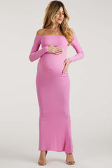 Pink Ribbed Off Shoulder Long Sleeve Maternity Maxi Dress