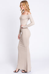 Taupe Ribbed Off Shoulder Long Sleeve Maxi Dress