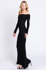 Black Ribbed Off Shoulder Long Sleeve Maxi Dress