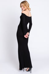 Black Ribbed Off Shoulder Long Sleeve Maxi Dress