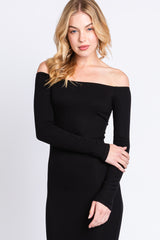 Black Ribbed Off Shoulder Long Sleeve Maxi Dress