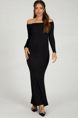 Black Ribbed Off Shoulder Long Sleeve Maternity Maxi Dress