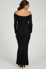 Black Ribbed Off Shoulder Long Sleeve Maternity Maxi Dress