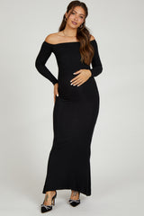 Black Ribbed Off Shoulder Long Sleeve Maternity Maxi Dress